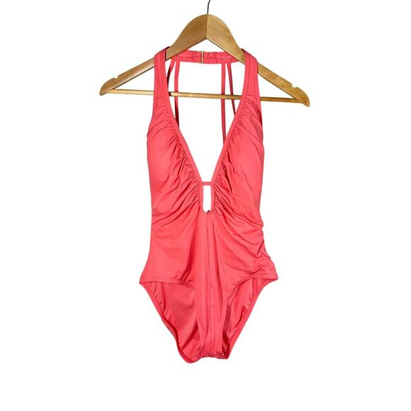 Vince Camuto Plunge Cutout One-Piece Swimsuit Pop Coral - Picture 1 of 10